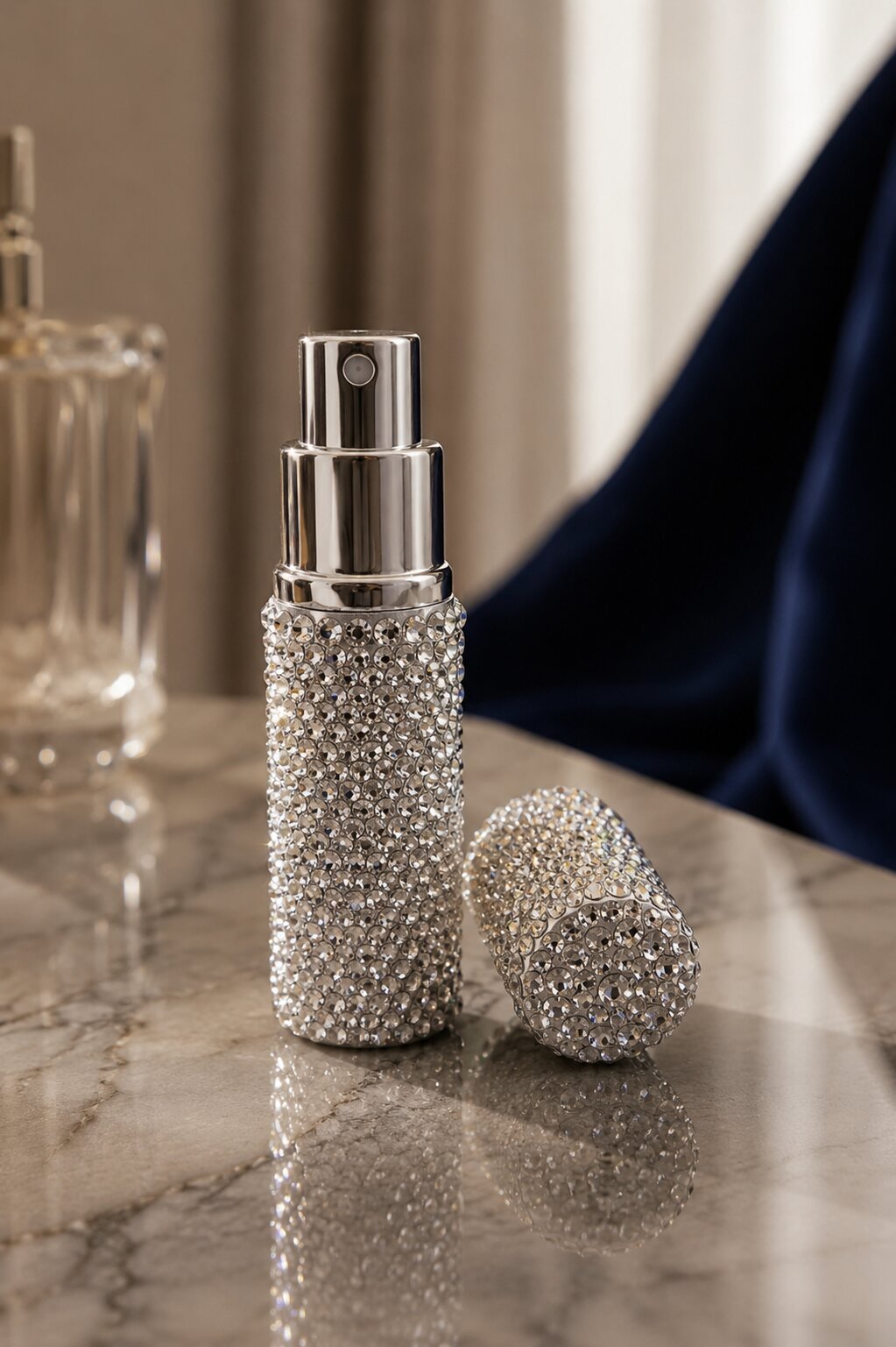 Silver fragrance atomizer covered in clear crystal, cap resting beside it on marble