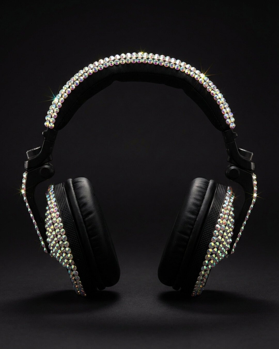 Over-ear headphones edged in iridescent crystal, photographed frontally against black