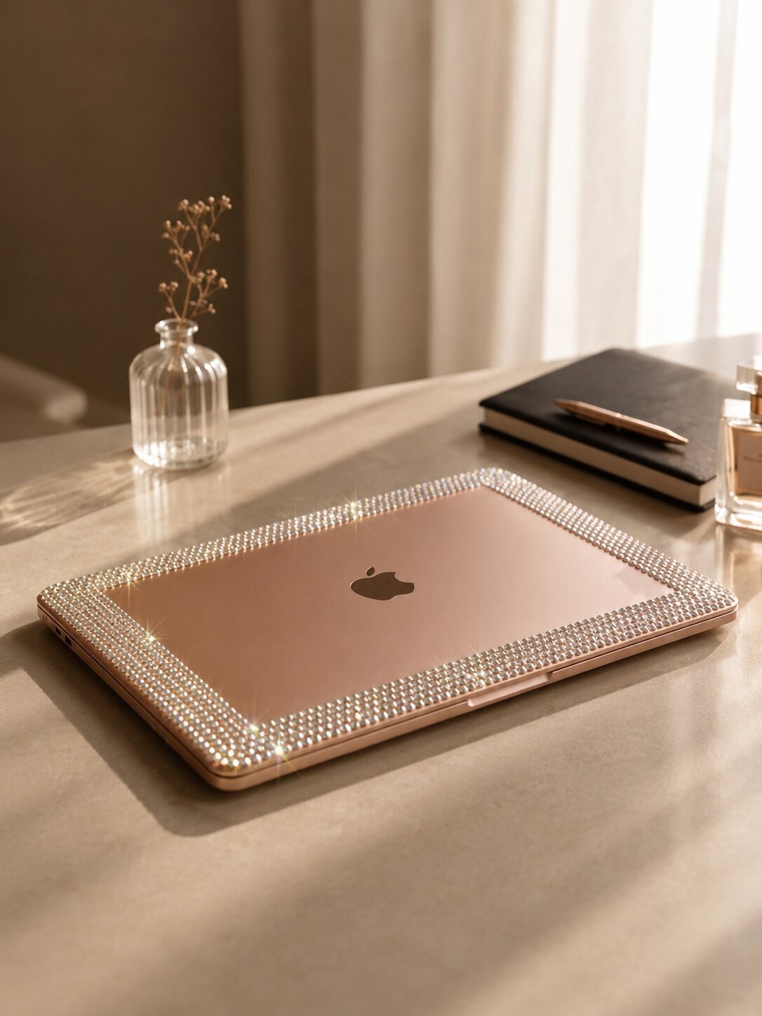 Closed rose gold laptop with its shell edged in bands of clear crystal, on a pale desk