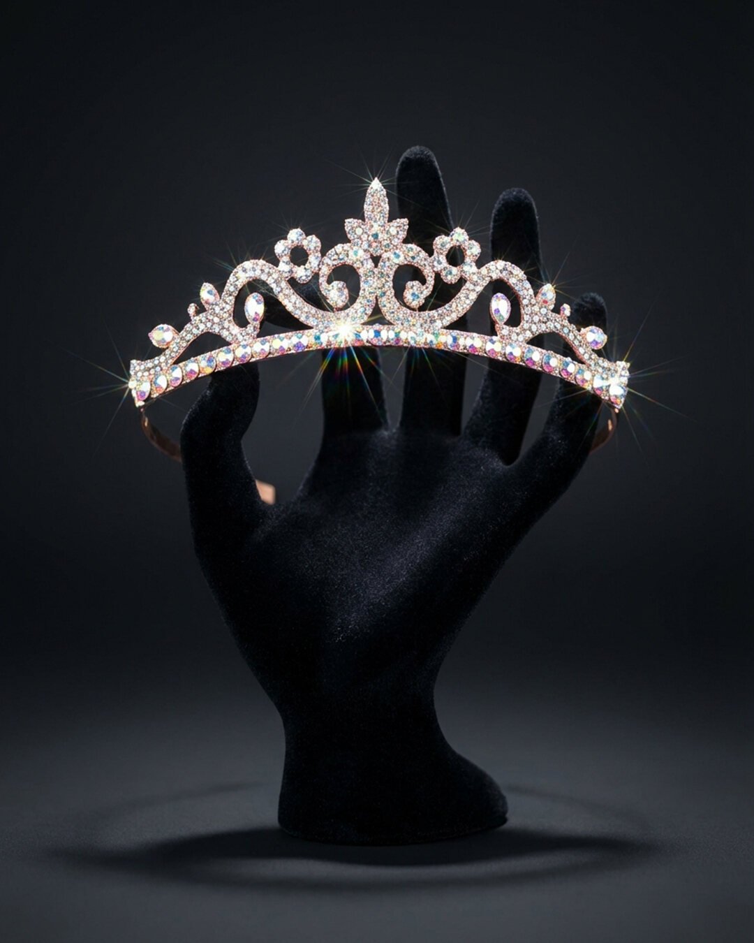 Crystal tiara with scrolling openwork held on a black velvet display hand